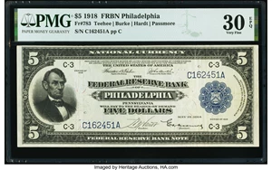 image for: Fr. 783 $5 1918 Federal Reserve Bank Note PMG Very Fine 30 EPQ....