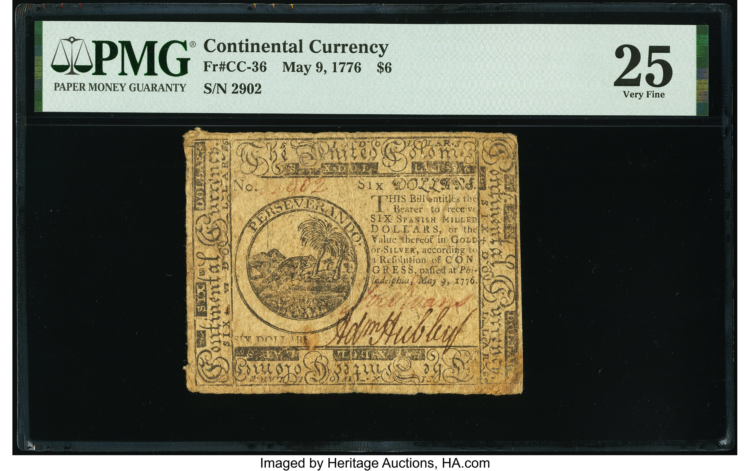 image for: Continental Currency May 9, 1776 $6 PMG Very Fine 25....