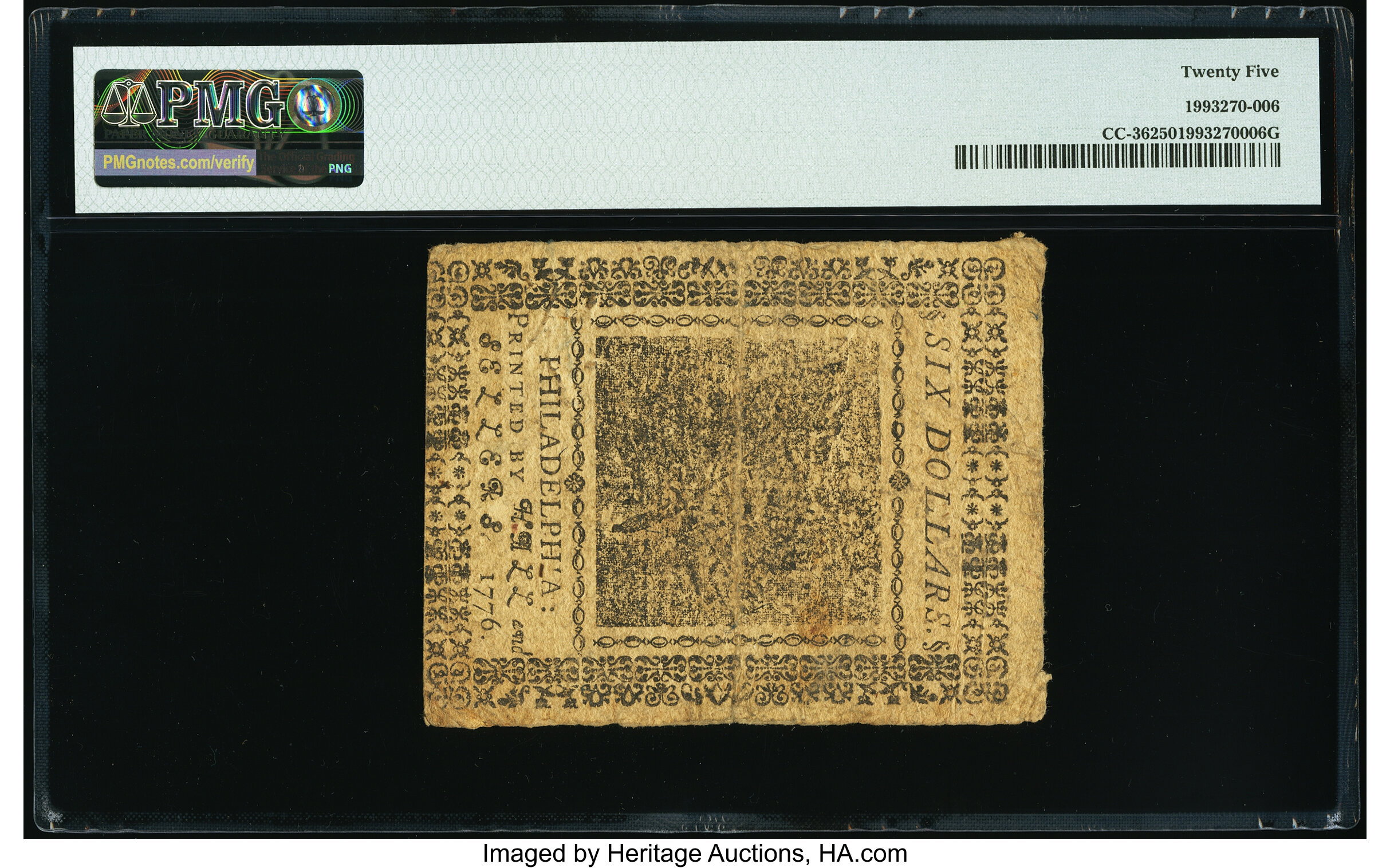 image for: Continental Currency May 9, 1776 $6 PMG Very Fine 25....