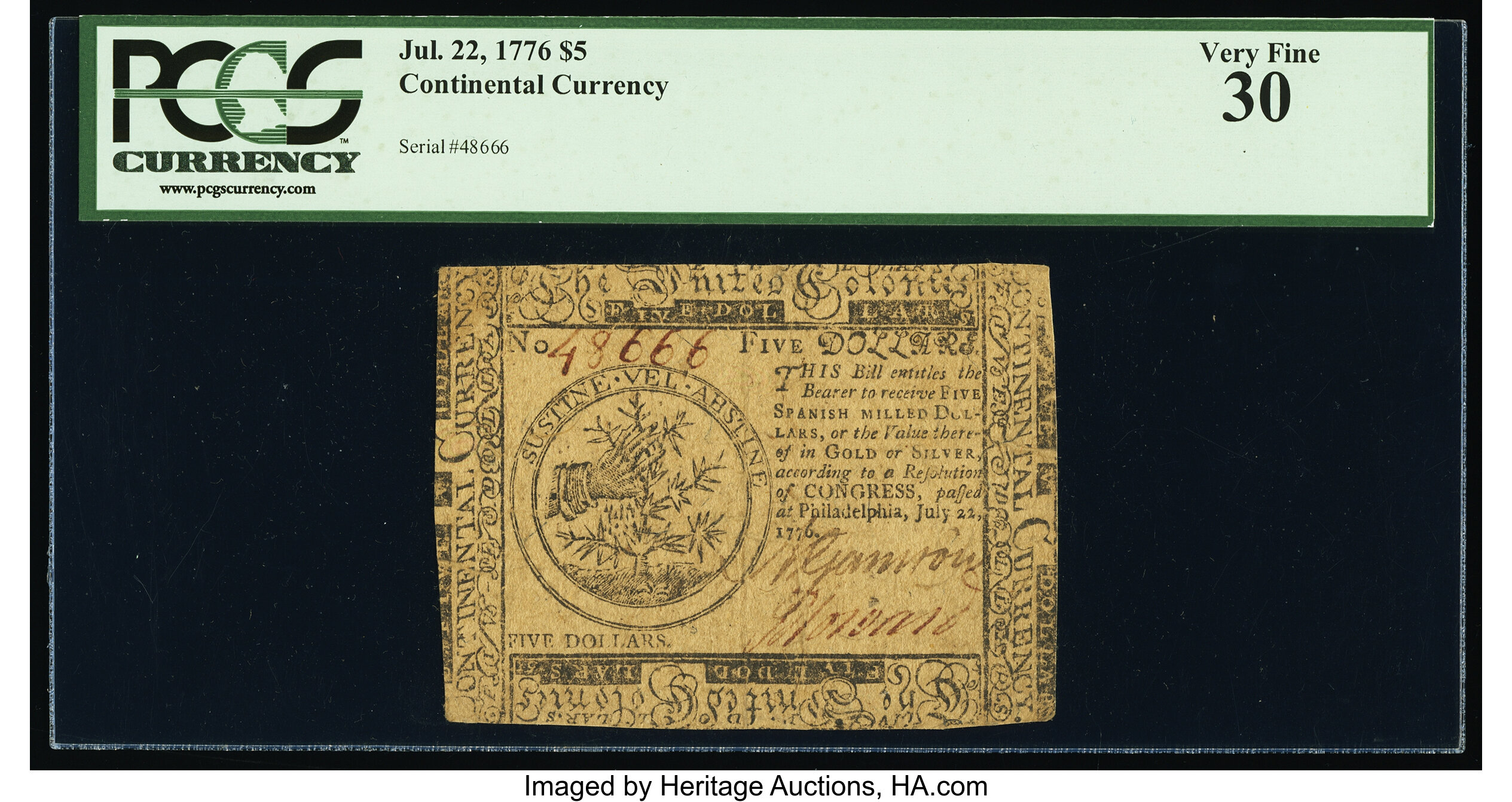 image for: Continental Currency July 22, 1776 $5 PCGS Very Fine 30....