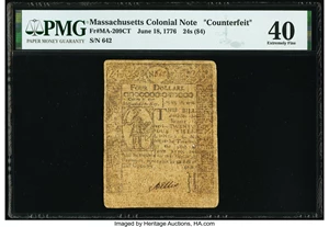image for: Massachusetts June 18, 1776 $4 (24s) Contemporary Counterfeit PMG Extremely Fine 40....