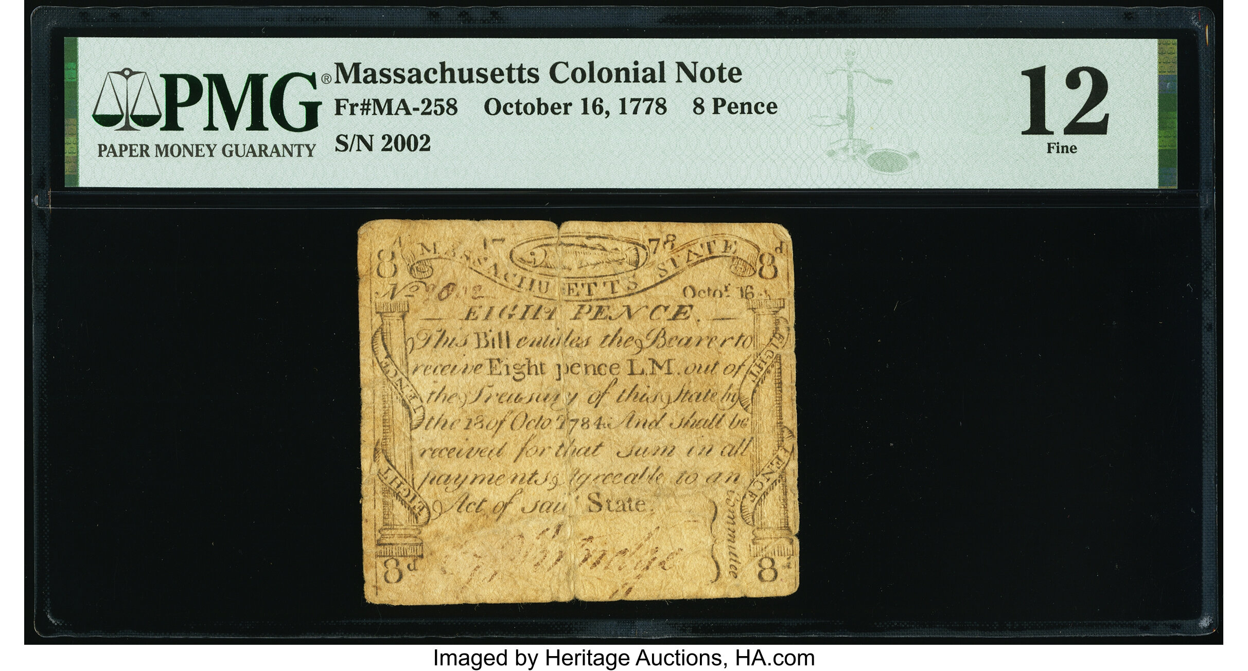 image for: Massachusetts October 16, 1778 8d PMG Fine 12....