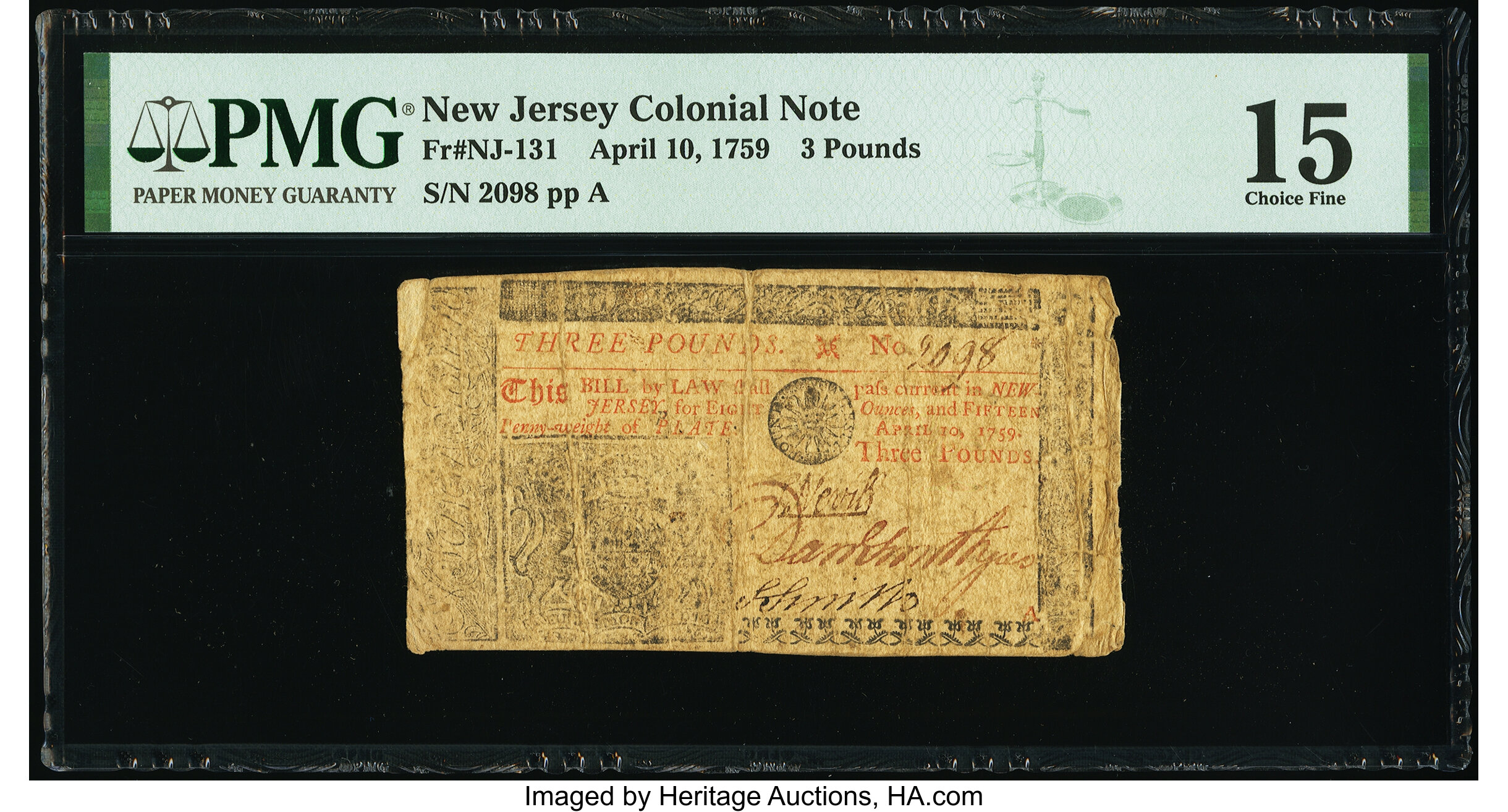 image for: New Jersey April 10, 1759 £3 PMG Choice Fine 15....