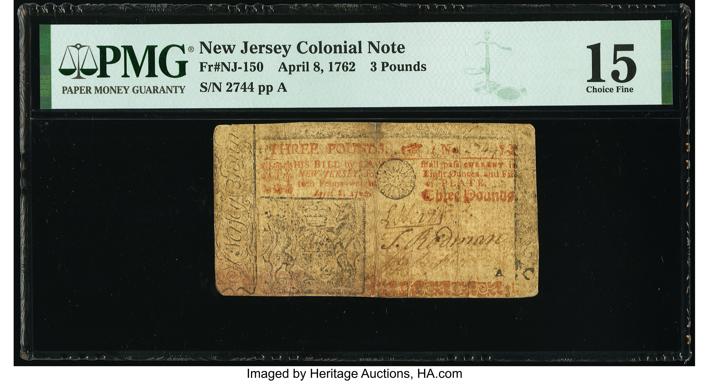 image for: New Jersey April 8, 1762 £3 PMG Choice Fine 15....