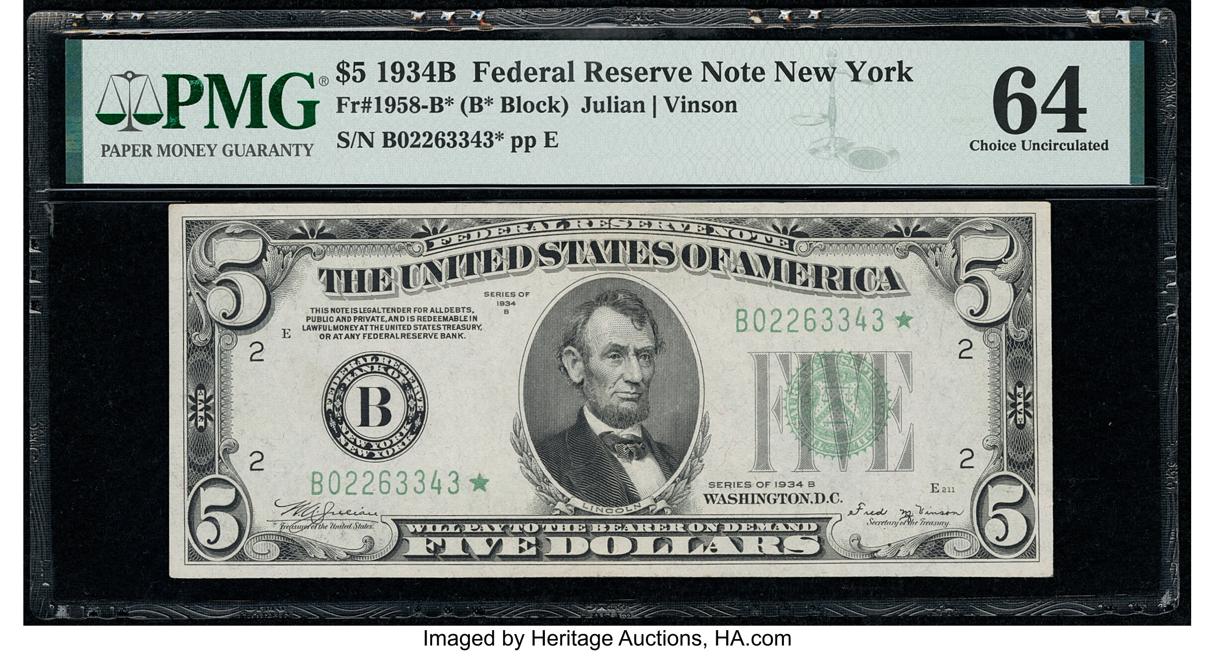 image for: Fr. 1958-B* $5 1934B Federal Reserve Star Note. PMG Choice Uncirculated 64....