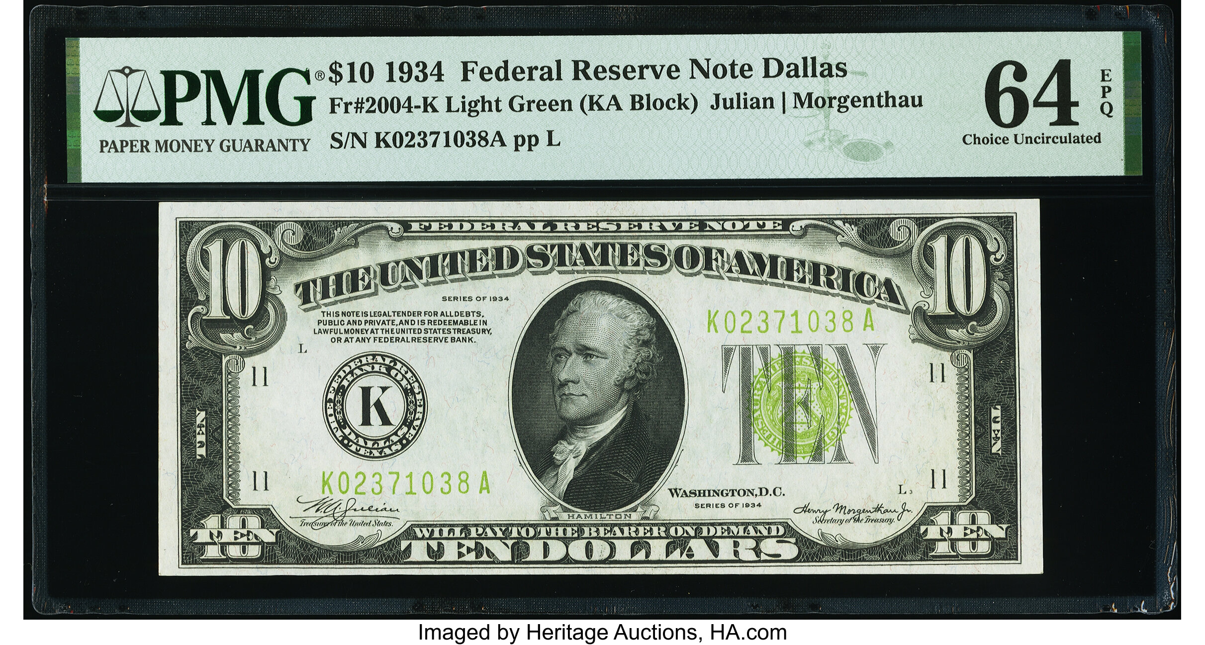 image for: Fr. 2004-K $10 1934 Federal Reserve Note. PMG Choice Uncirculated 64 EPQ....