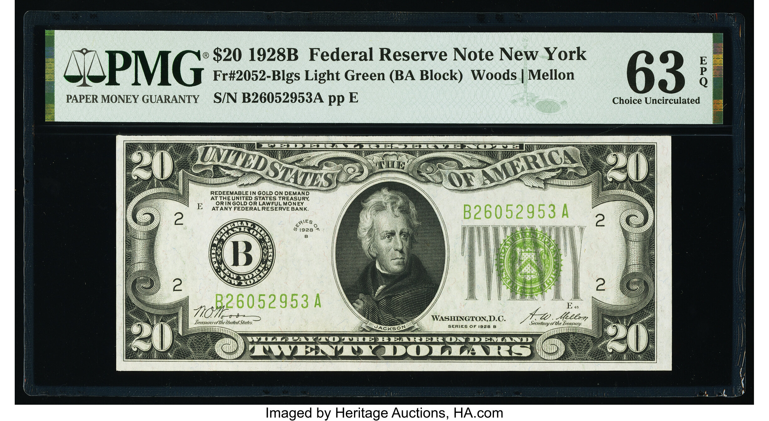 image for: Fr. 2052-B $20 1928B Federal Reserve Note. PMG Choice Uncirculated 63 EPQ....