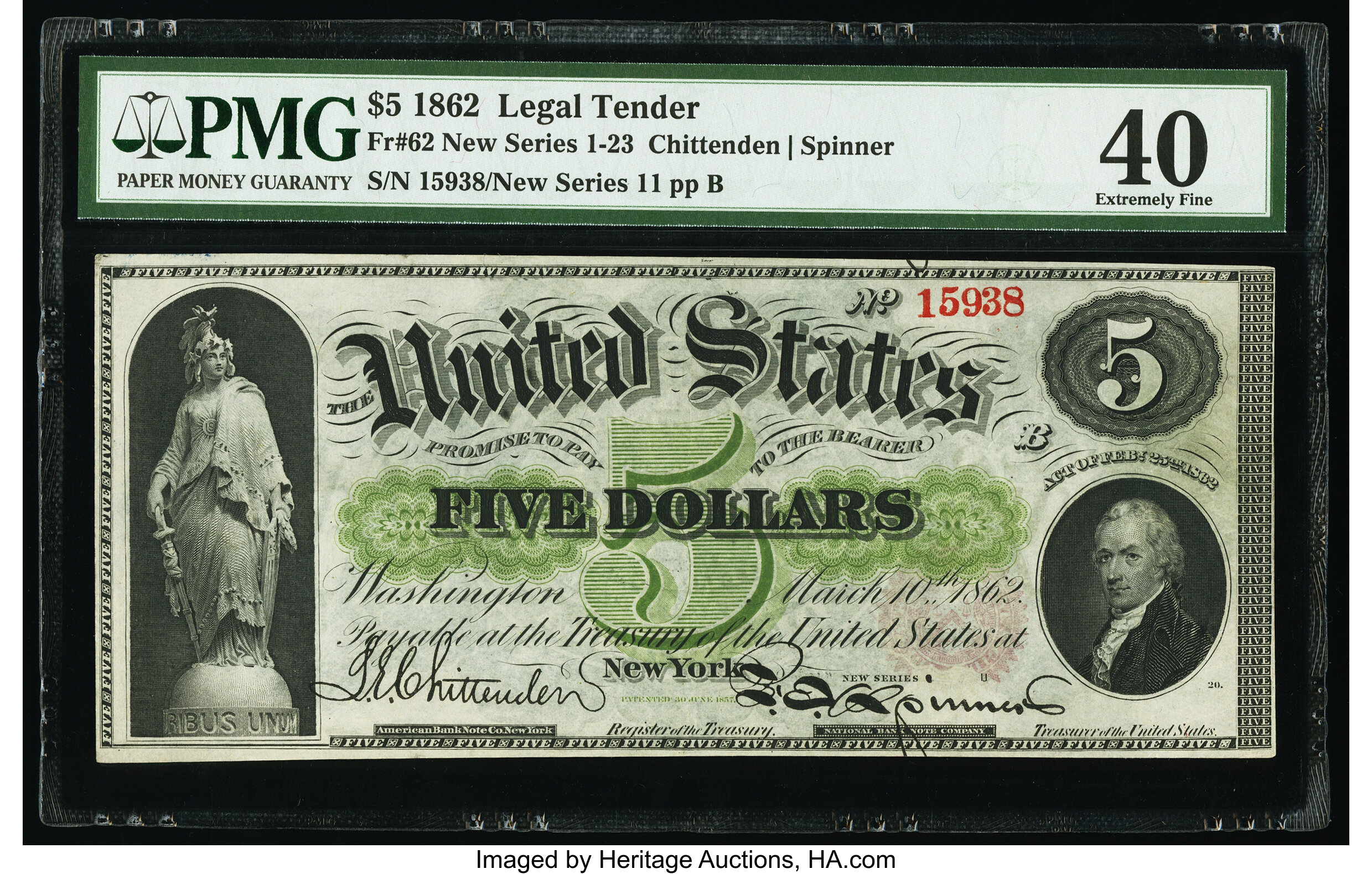 image for: Fr. 62 $5 1862 Legal Tender PMG Extremely Fine 40....