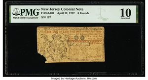 image for: New Jersey April 12, 1757 £6 PMG Very Good 10....