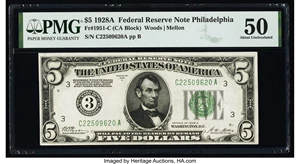 image for: Fr. 1951-C $5 1928A Federal Reserve Note. PMG About Uncirculated 50....