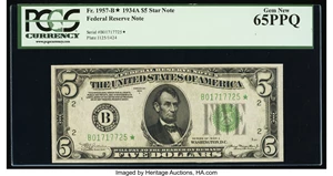 image for: Fr. 1957-B* $5 1934A Federal Reserve Star Note. PCGS Gem New 65PPQ....