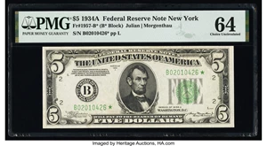 image for: Fr. 1957-B* $5 1934A Federal Reserve Star Note. PMG Choice Uncirculated 64....
