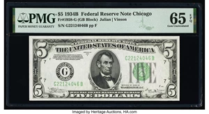 image for: Fr. 1958-G $5 1934B Federal Reserve Note. PMG Gem Uncirculated 65 EPQ....
