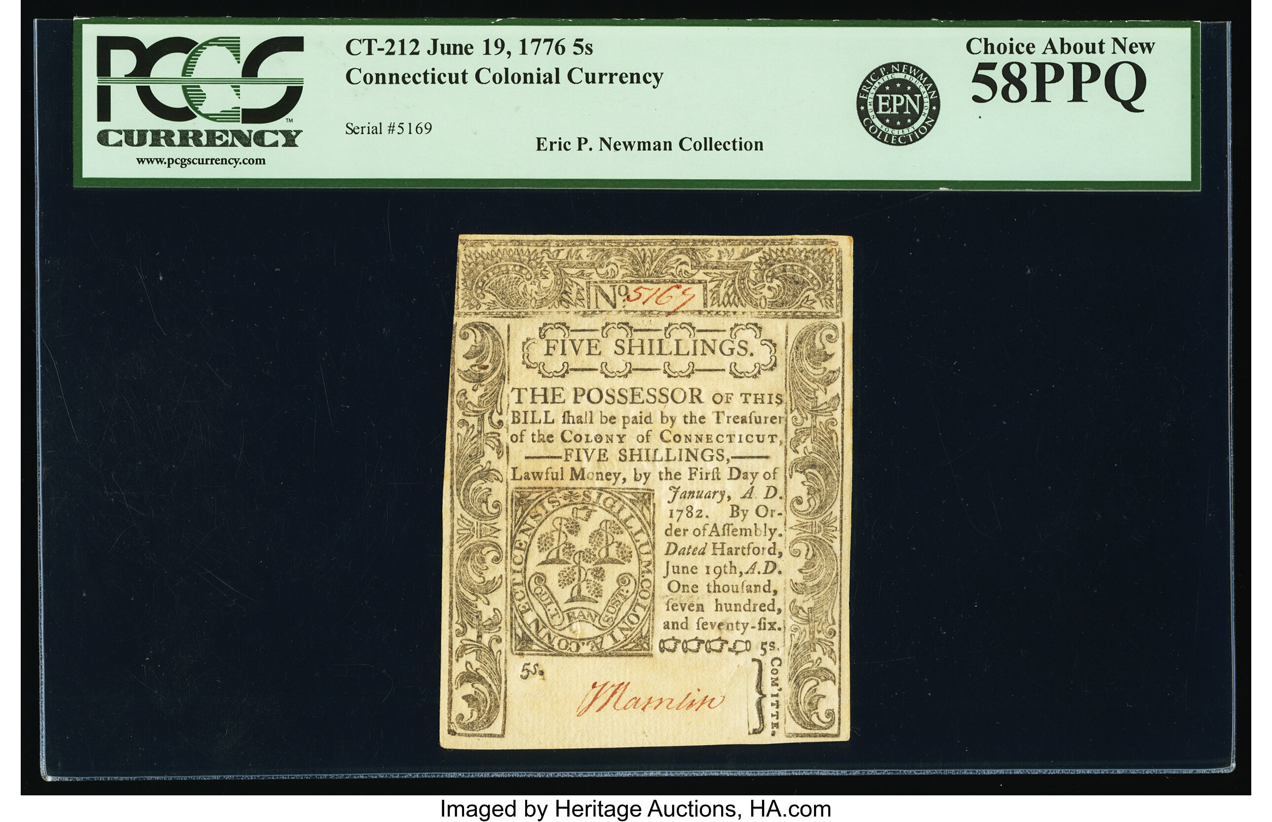 image for: Connecticut June 19, 1776 5s Fr. CT-212 PCGS Choice About New 58PPQ....