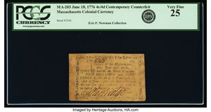 image for: Massachusetts June 18, 1776 4s 4d PCGS Very Fine 25....