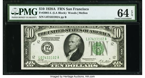 image for: Fr. 2001-L $10 1928A Federal Reserve Note. PMG Choice Uncirculated 64 EPQ....