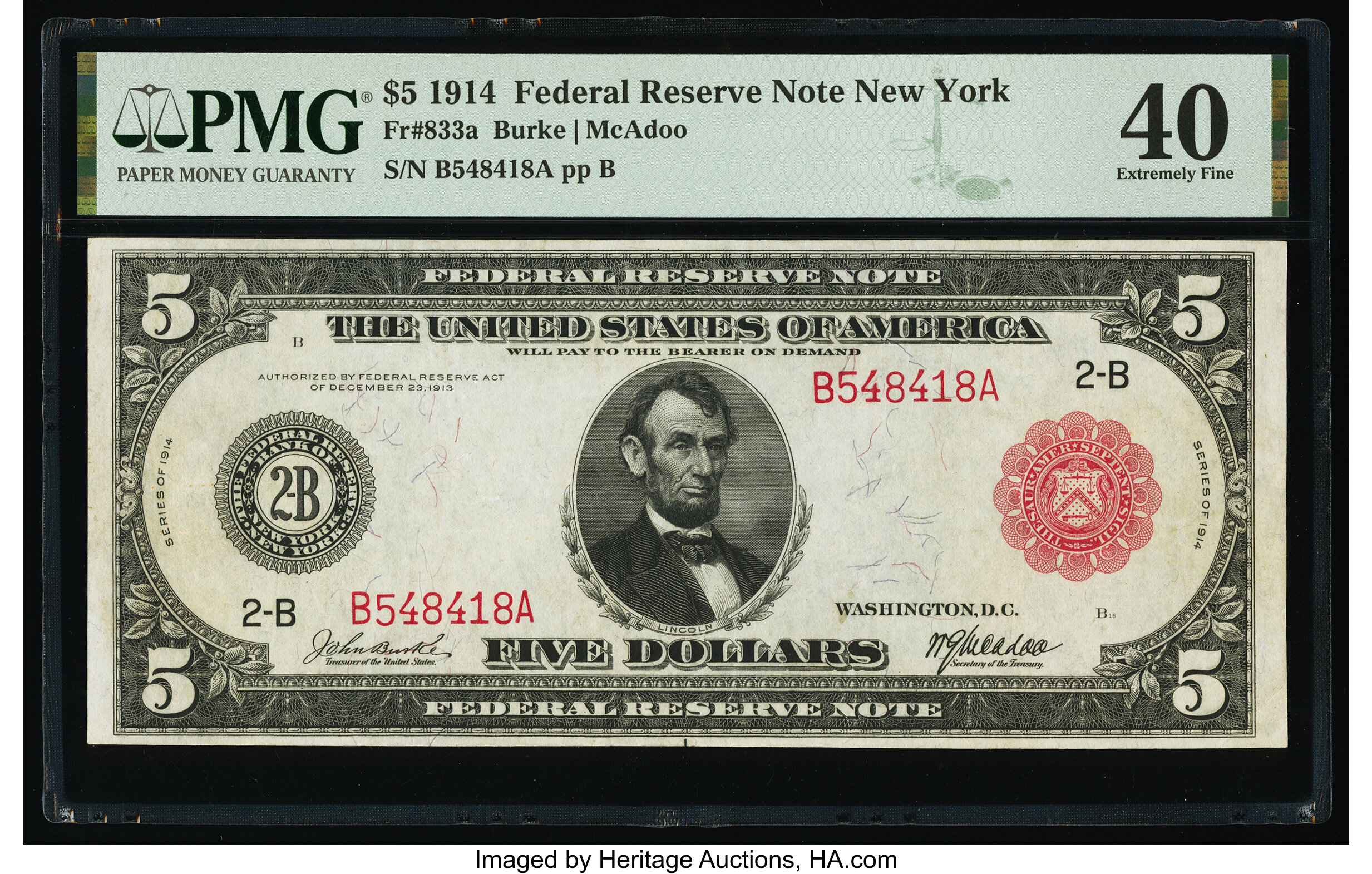 image for: Fr. 833a $5 1914 Red Seal Federal Reserve Note PMG Extremely Fine 40....