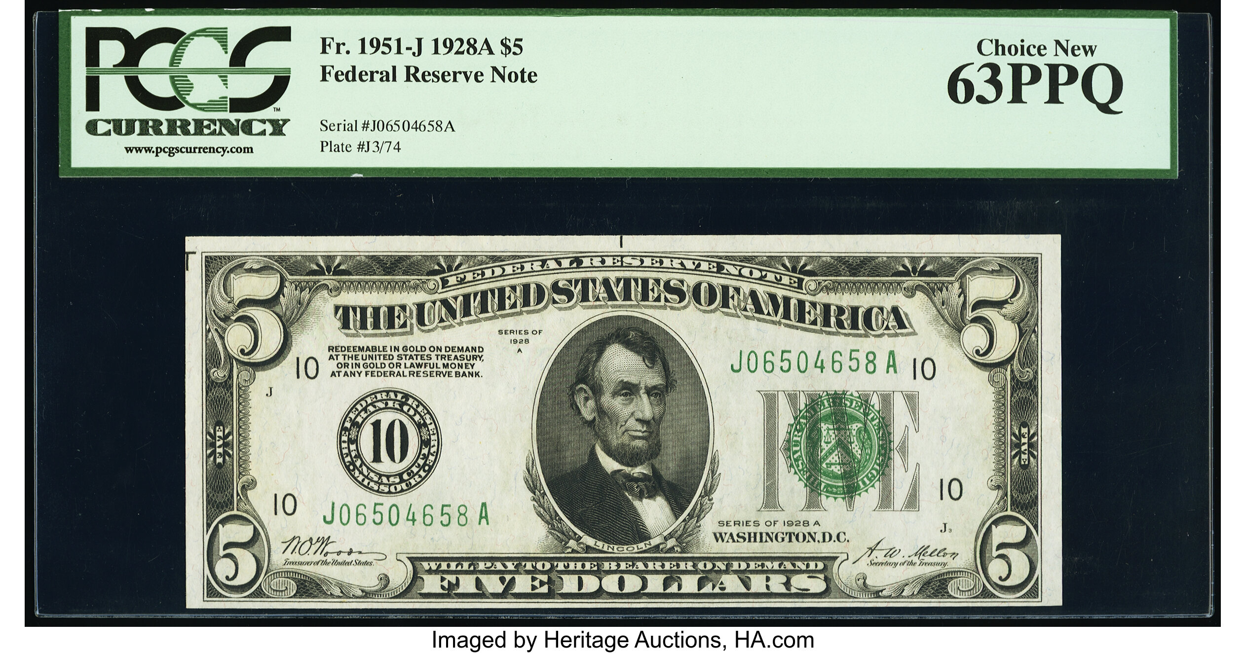 image for: Fr. 1951-J $5 1928A Federal Reserve Note. PCGS Choice New 63PPQ....