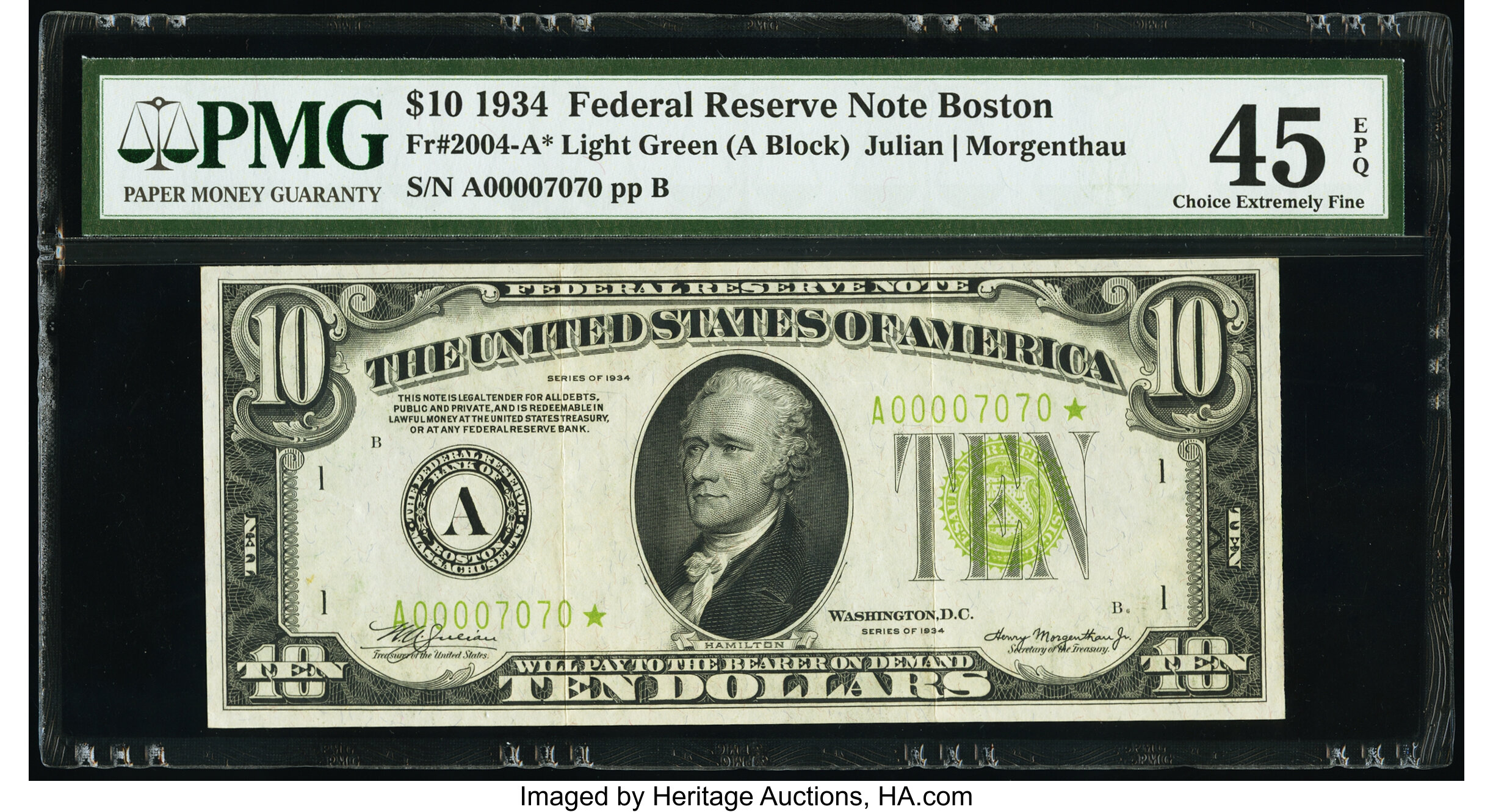 image for: Fr. 2004-A* $10 1934 Light Green Seal Federal Reserve Star Note. PMG Choice Extremely Fine 45 EPQ....