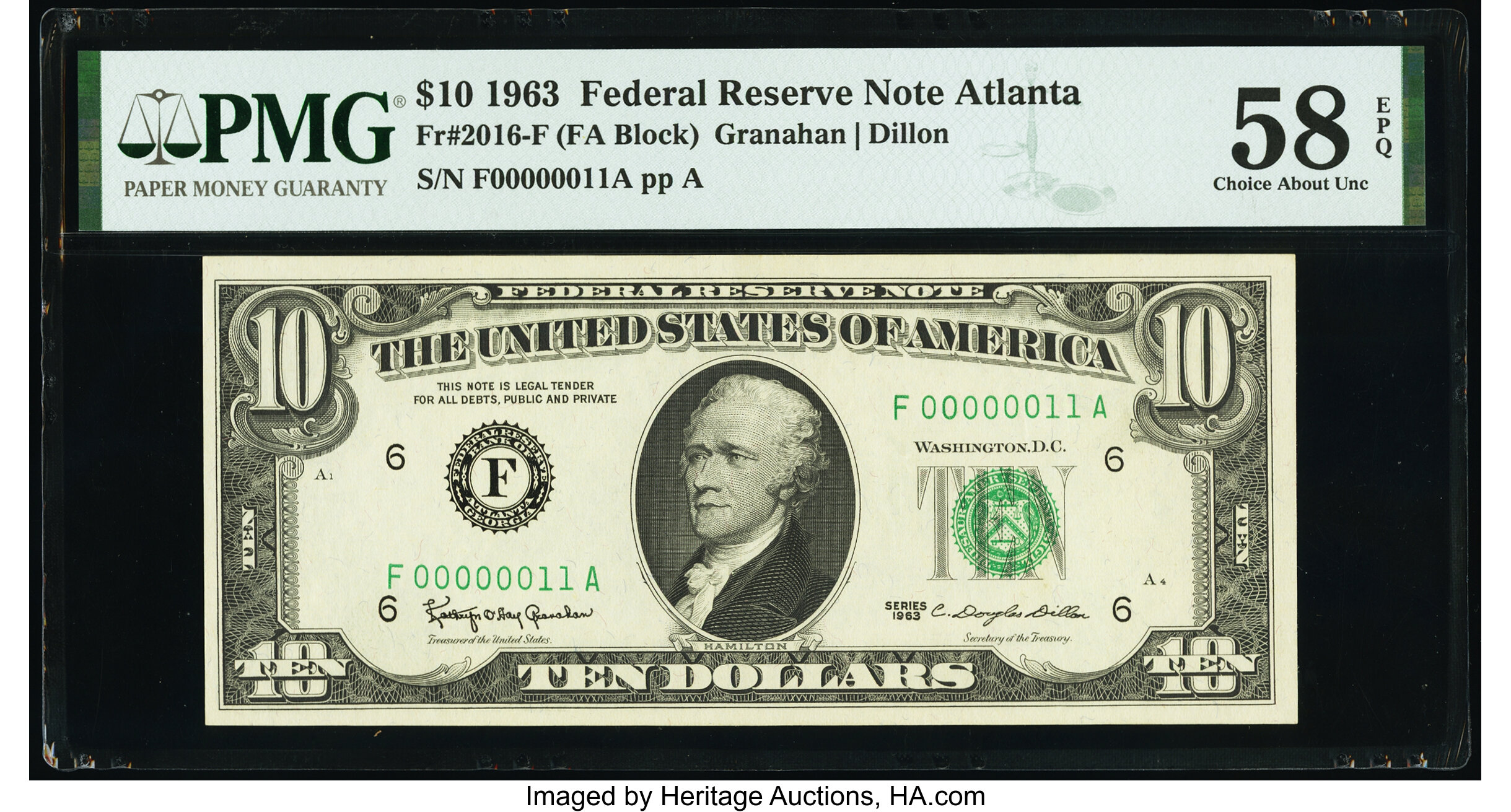 image for: Low Serial Number 11 Fr. 2016-F $10 1963 Federal Reserve Note. PMG Choice About Unc 58 EPQ....