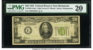 image for: Fr. 2054-E* $20 1934 Light Green Seal Federal Reserve Star Note. PMG Very Fine 20....