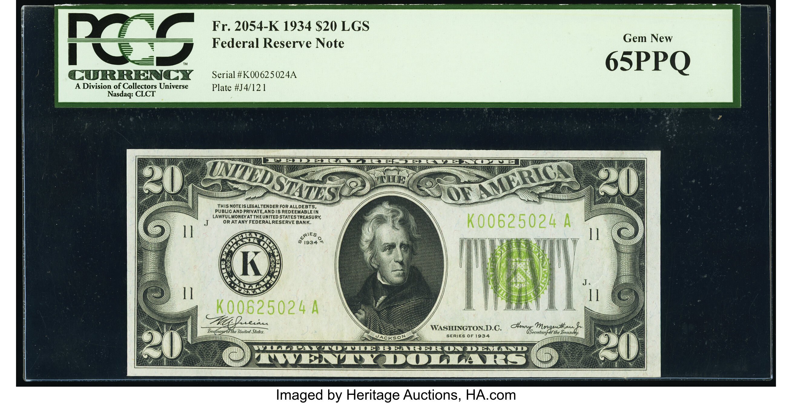 image for: Fr. 2054-K $20 1934 Light Green Seal Federal Reserve Note. PCGS Gem New 65PPQ....
