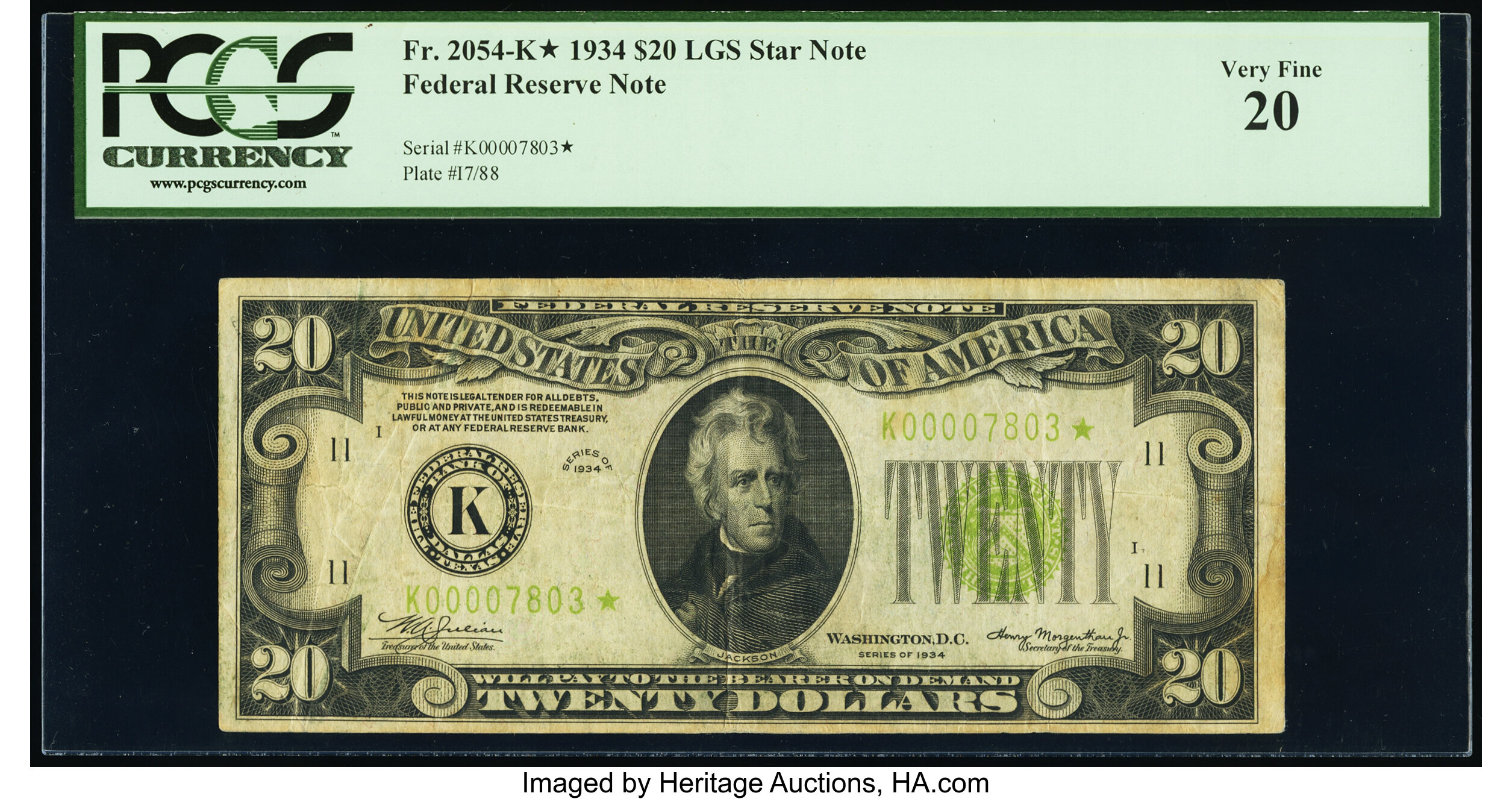 image for: Fr. 2054-K* $20 1934 Light Green Seal Federal Reserve Star Note. PCGS Very Fine 20....