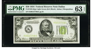 image for: Fr. 2102-K $50 1934 Light Green Seal Federal Reserve Note. PMG Choice Uncirculated 63 EPQ....