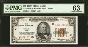 image for: Fr. 1880-K. 1929 $50 Federal Reserve Bank Note. Dallas. PMG Choice Uncirculated 63.
