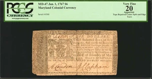image for: MD-47. Maryland. January 1, 1767. $6. PCGS Currency Very Fine 20 Apparent. Tape Repaired Center Split and Edge Tears.