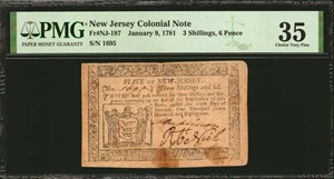 image for: NJ-197. New Jersey. January 9, 1781. 3 Shillings, 6 Pence. PMG Choice Very Fine 35.