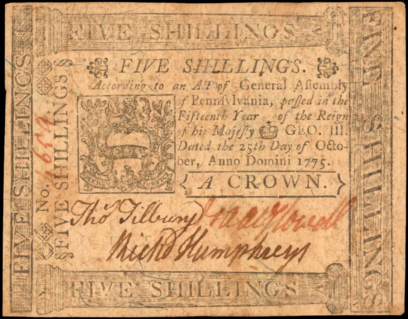 image for: PA-189. Pennsylvania. October 25, 1775. 5 Shillings. About Uncirculated.