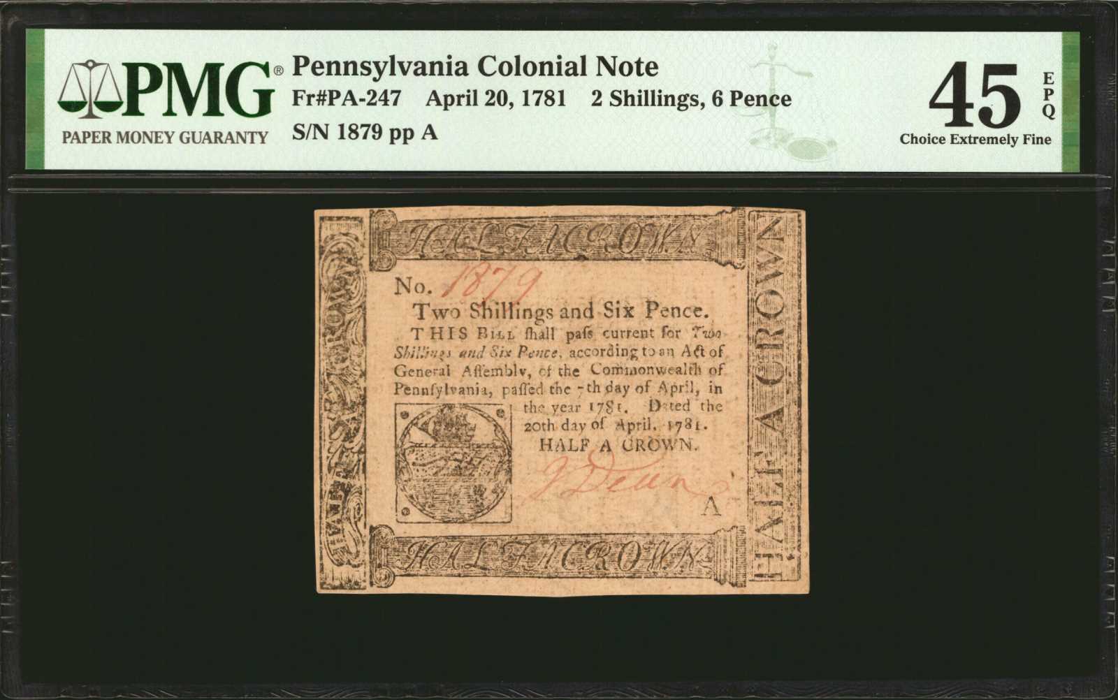 image for: PA-247. Pennsylvania. April 20, 1781. 2 Shillings, 6 Pence. PMG Choice Extremely Fine 45 EPQ.