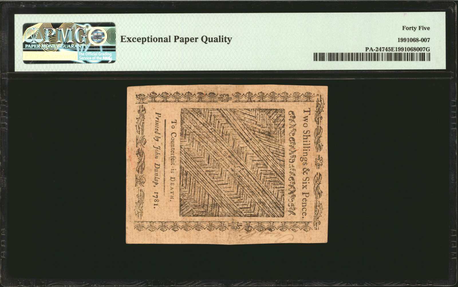 image for: PA-247. Pennsylvania. April 20, 1781. 2 Shillings, 6 Pence. PMG Choice Extremely Fine 45 EPQ.