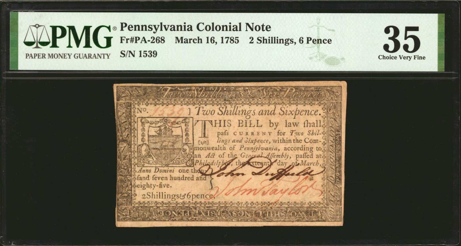 image for: PA-268. Pennsylvania. March 16, 1785. 2 Shillings, 6 Pence. PMG Choice Very Fine 35.