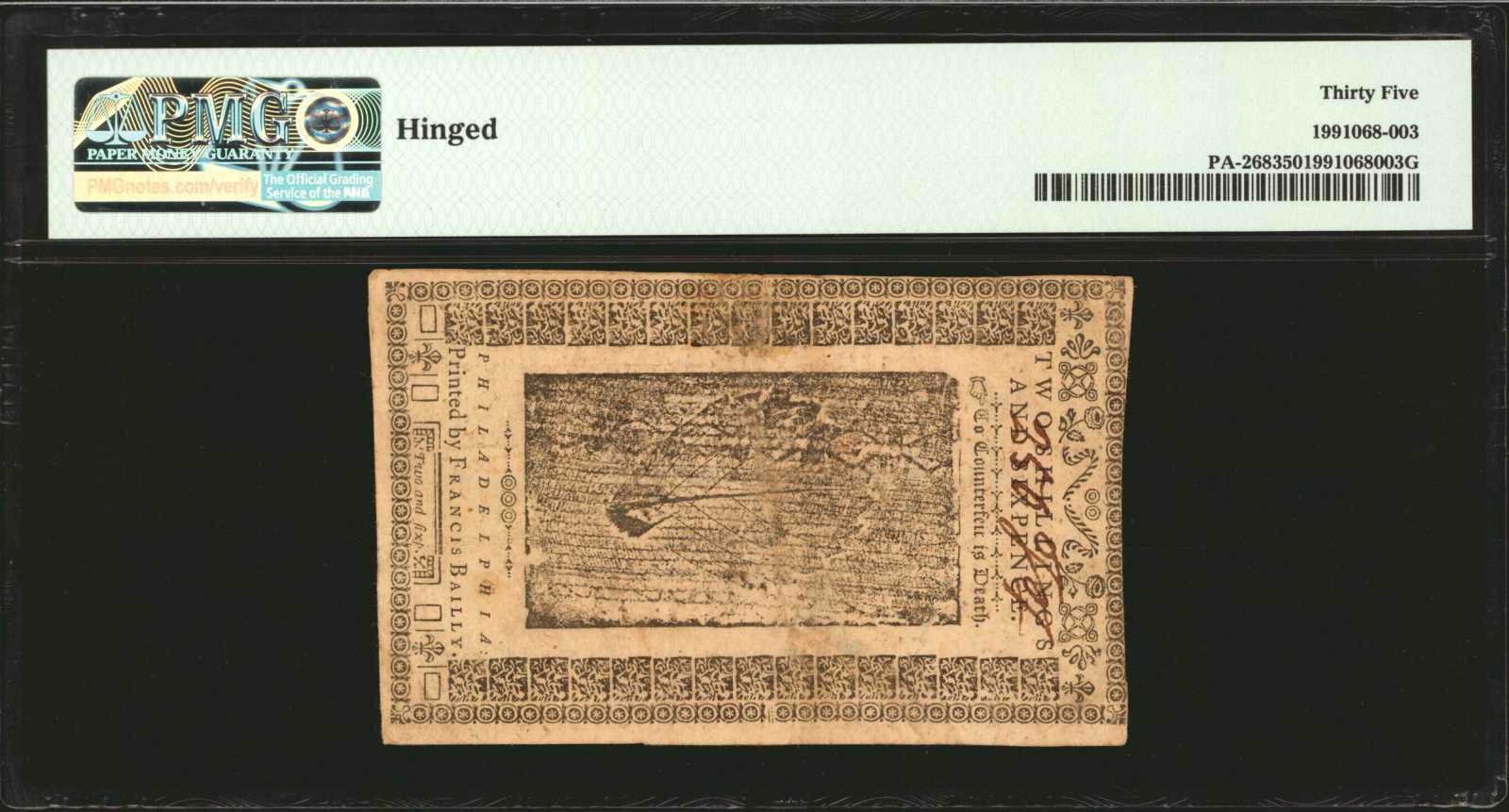 image for: PA-268. Pennsylvania. March 16, 1785. 2 Shillings, 6 Pence. PMG Choice Very Fine 35.