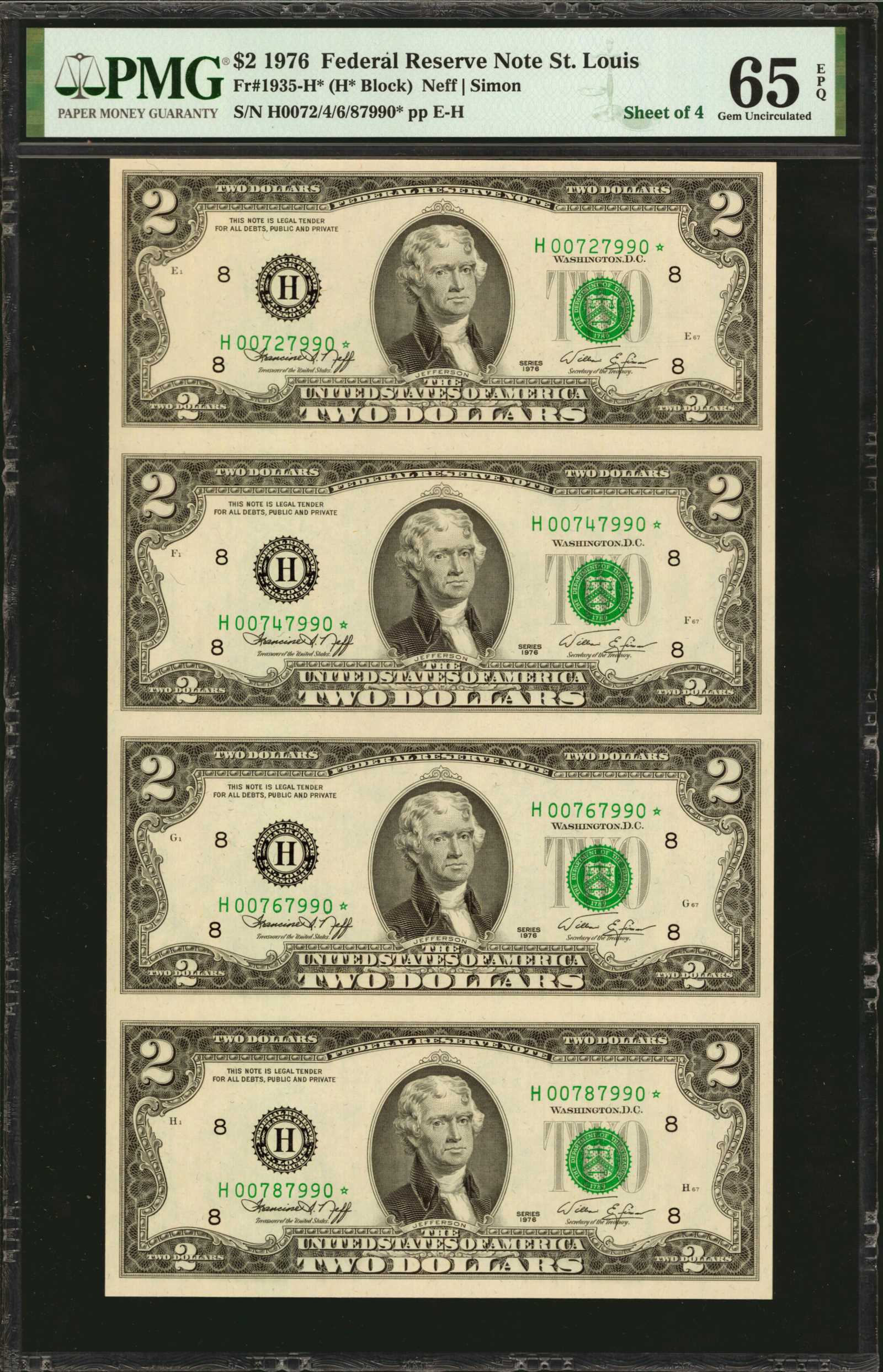 image for: Uncut Sheet of (4) Fr. 1935-H*. 1976 $2  Federal Reserve Star Notes. St. Louis. PMG Gem Uncirculated 65 EPQ.