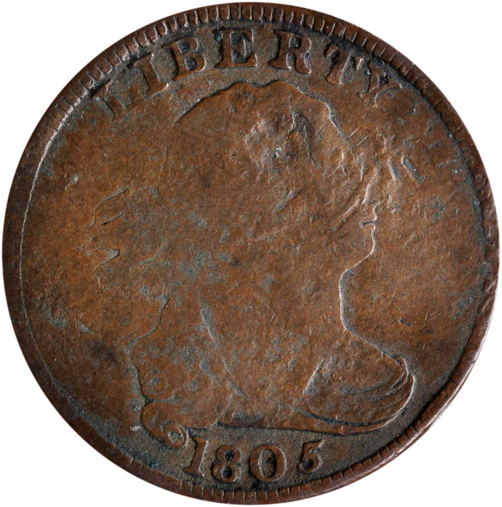 image for: 1805 Draped Bust Half Cent. C-2. Rarity-5. Small 5, Stems to Wreath. Very Good, Damaged.