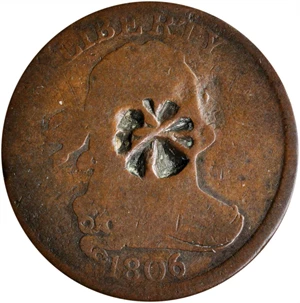 image for: 1806 Draped Bust Half Cent. C-2. Rarity-4. Small 6, Stems to Wreath. Good, Counterstamped.
