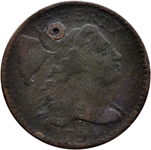 image for: 1794 Liberty Cap Cent. S-59. Rarity-3. Breen Die State V, Late. Head of 1794. Very Good, Environmental Damage, Holed and Plugged.