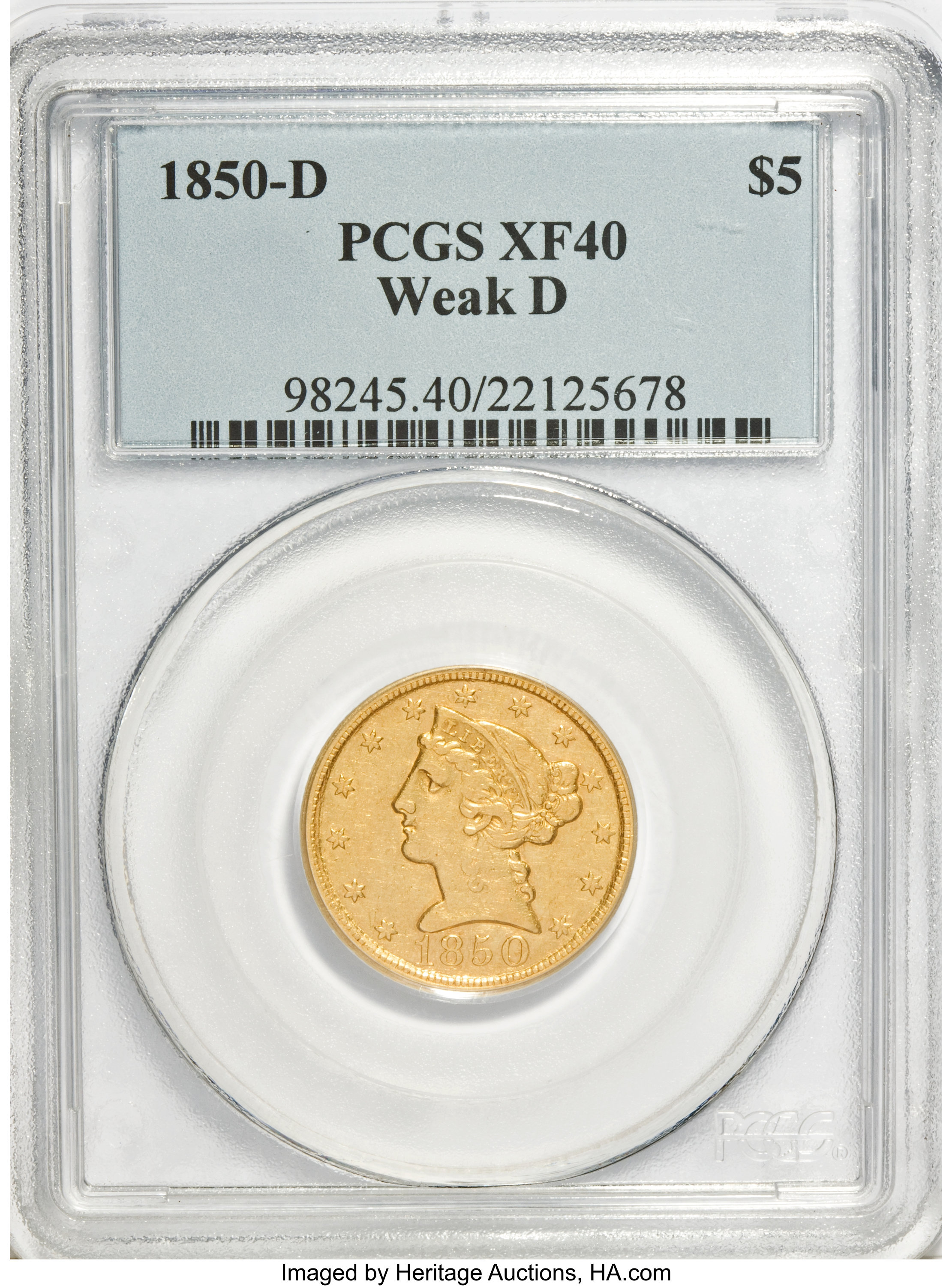 image for: 1850-D $5 Weak D XF40 PCGS....