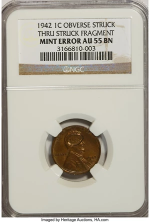 image for: 1942 1C Lincoln Cent--Obverse Struck Thru Struck Fragment--AU55 NGC....