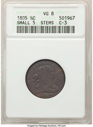 image for: 1805 1/2 C Small 5, Stems, C-3, B-3, R.4, VG8 ANACS. Mintage 814,464. ...
