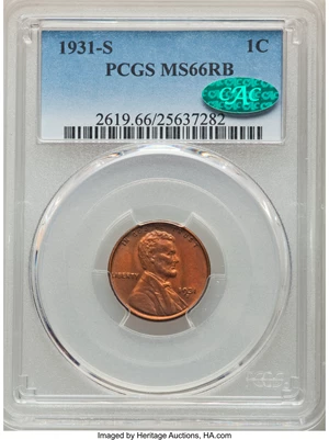image for: 1931-S 1C MS66 Red and Brown PCGS. CAC. PCGS Population: (9/0). NGC Census: (12/0). CDN: $800 Whsle. Bid for NGC/PCGS MS66....