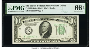 image for: Fr. 2009-K $10 1934D Federal Reserve Note. PMG Gem Uncirculated 66 EPQ....