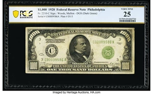 image for: Fr. 2210-C $1,000 1928 Federal Reserve Note. PCGS Banknote Very Fine 25....