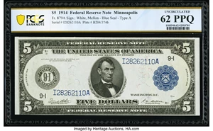 image for: Fr. 879a $5 1914 Federal Reserve Note PCGS Banknote Uncirculated 62 PPQ....