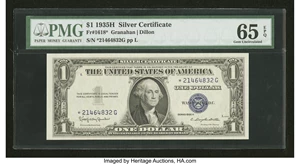 image for: Fr. 1618* $1 1935H Silver Certificate Star. PMG Gem Uncirculated 65 EPQ....