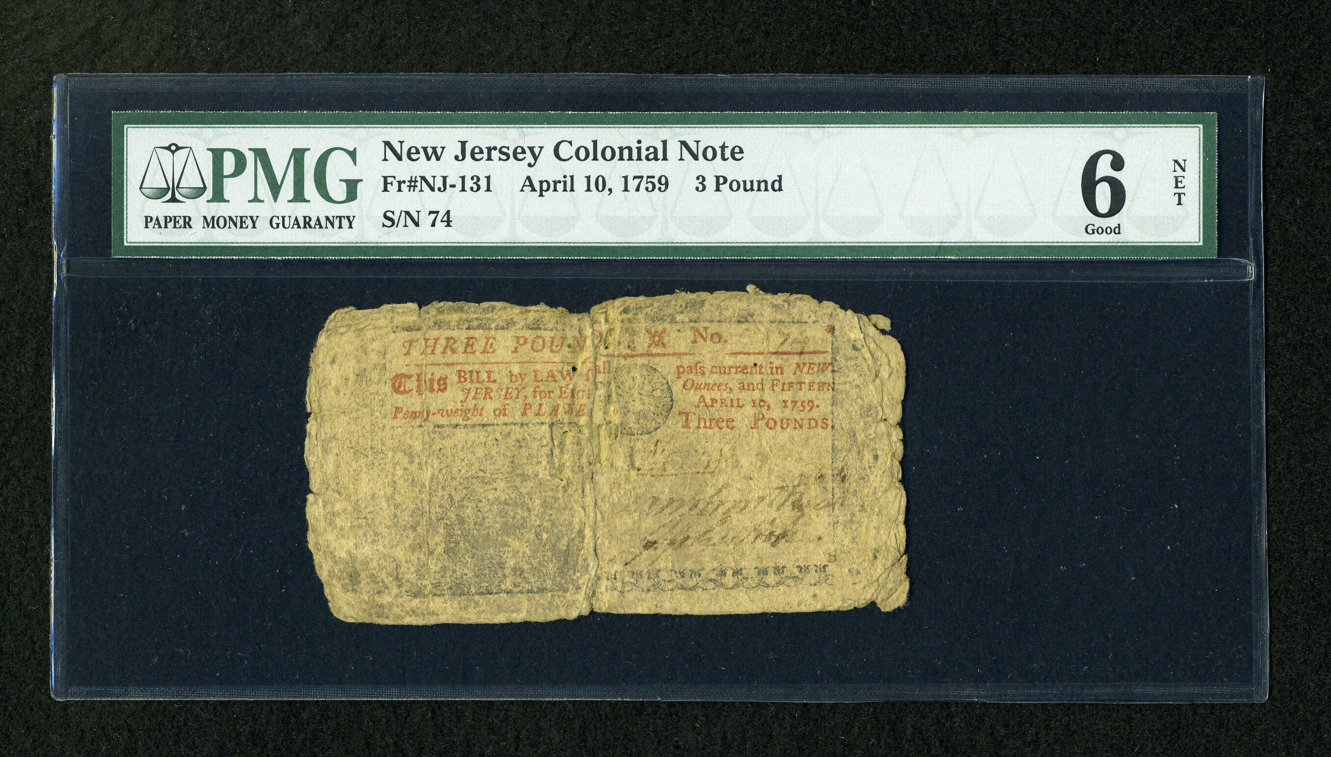 image for: New Jersey April 10, 1759 £3 PMG Good 6 Net....