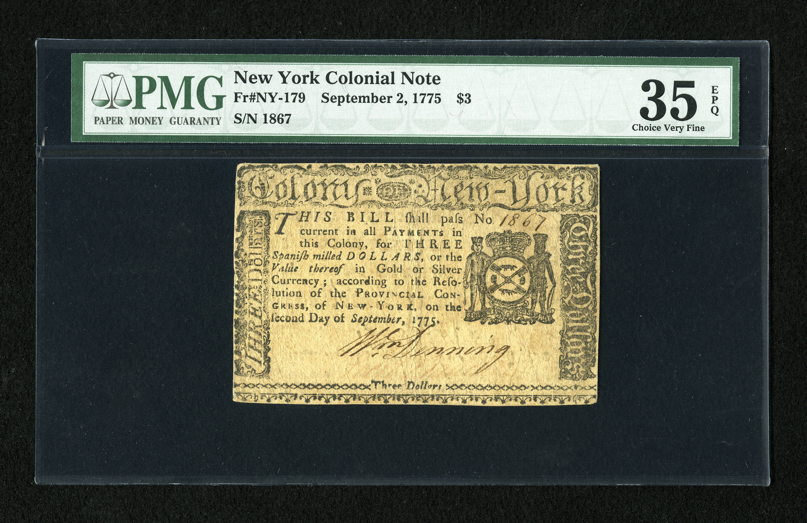 image for: New York September 2, 1775 $3 PMG Choice Very Fine 35 EPQ....